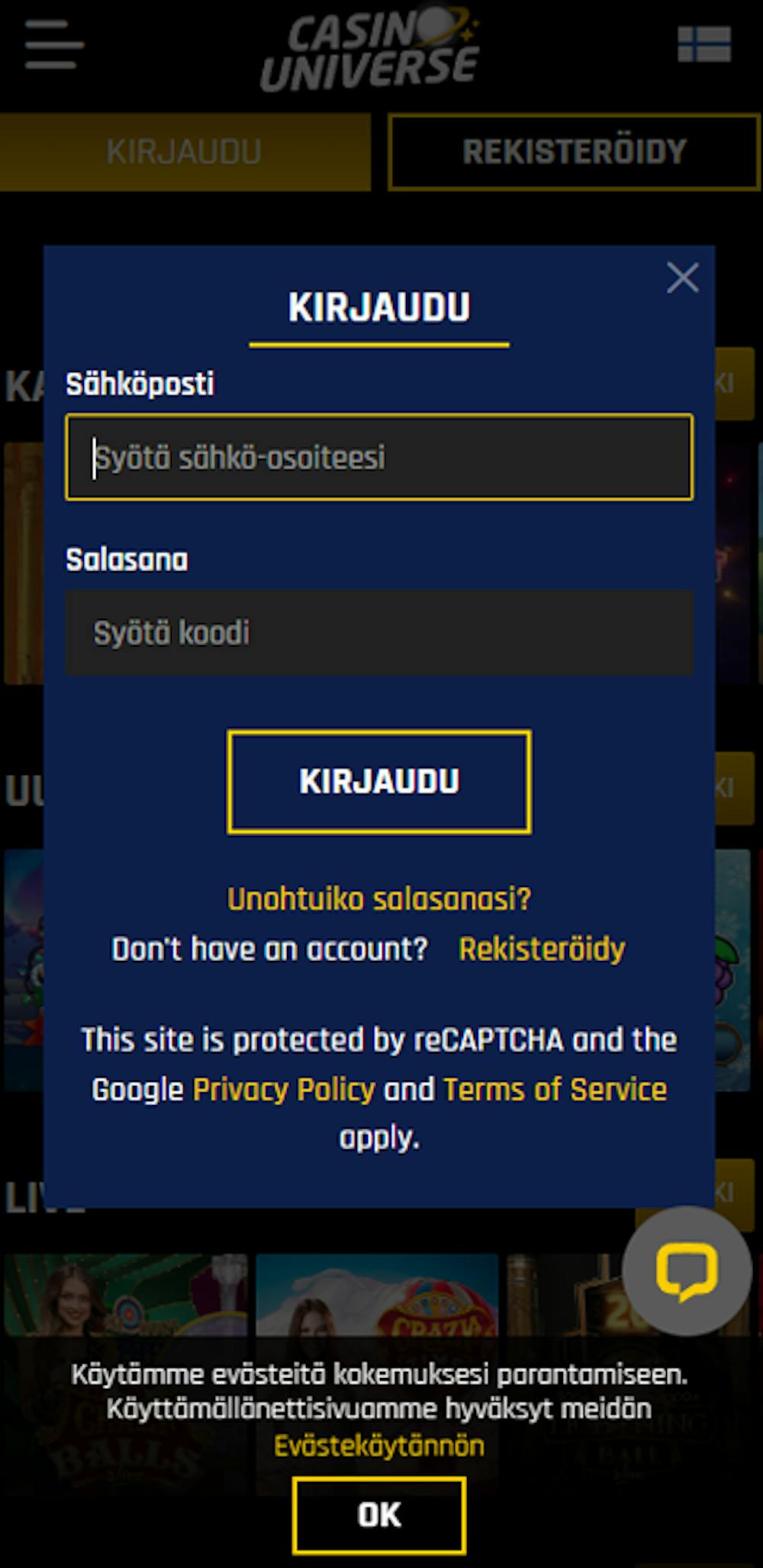 Pelitilin avaus Casino Universe nettikasinolle