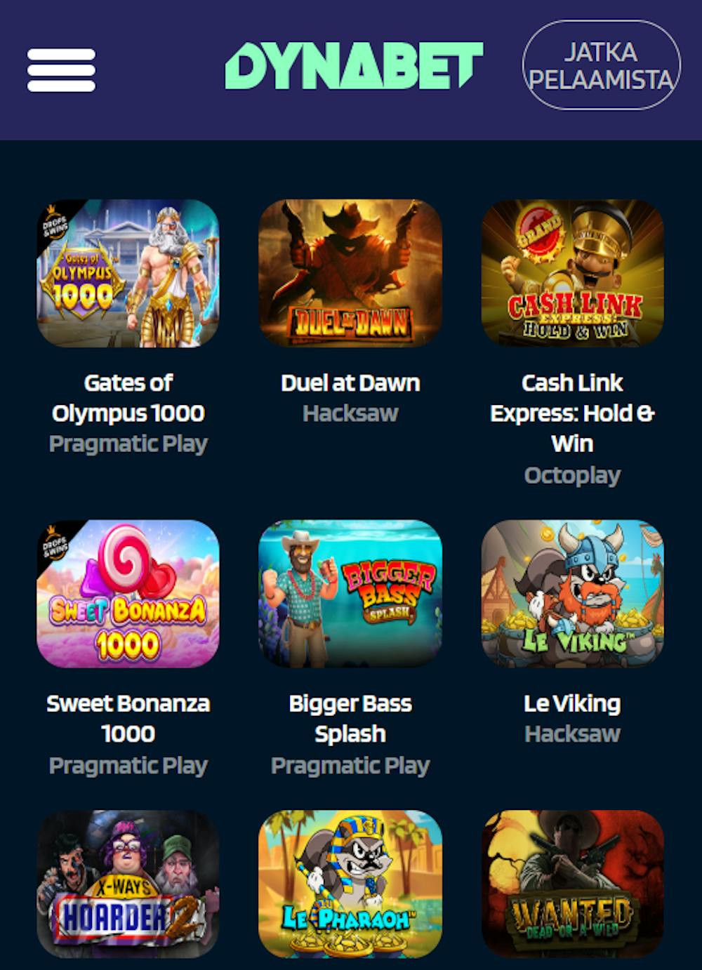 Dynabet Casinon suosittuja pelejä ovat esimerkiksi Gates of Olympus ja Sweet Bonanza.