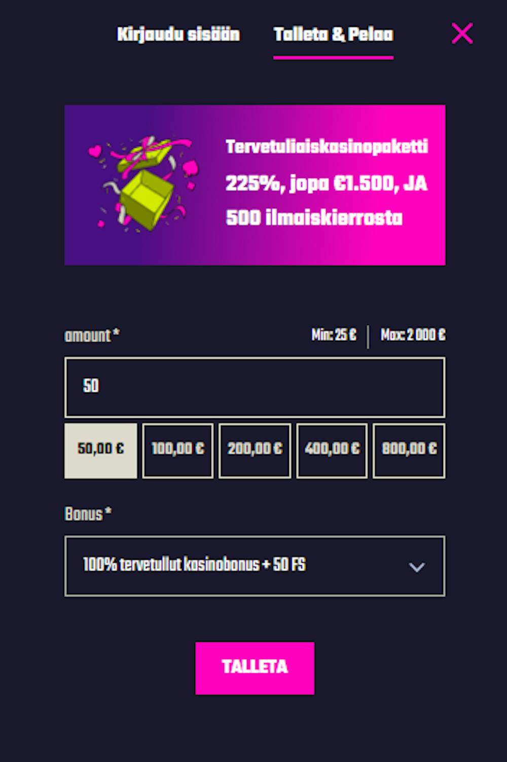 Frenzino Casinolle pelitilin avaaminen alkaa tallettamalla ja valitsemalla bonus.