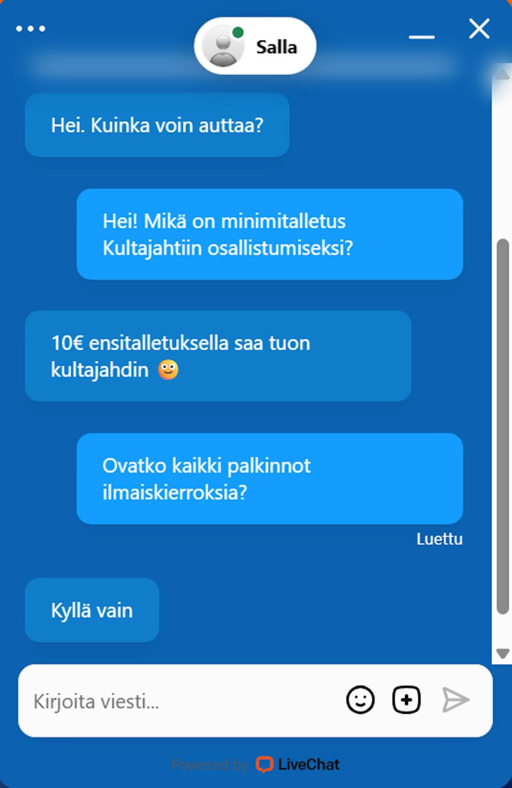 Lapland Casino palvelee livechatissa suomeksi.